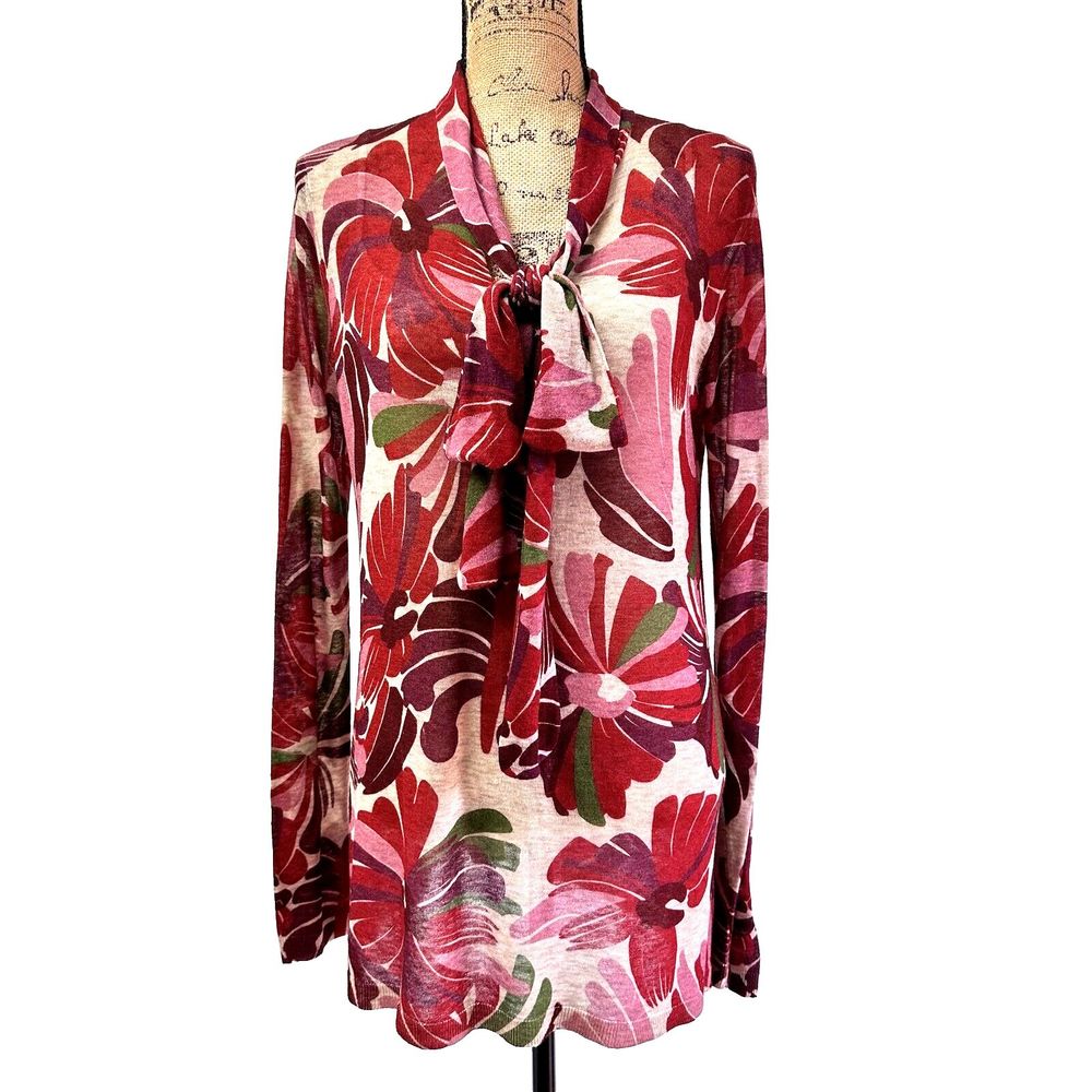 SIYU Women Feminine Sweater SZ 6 Long Extrafine Merino Wool Floral Burgundy Tie